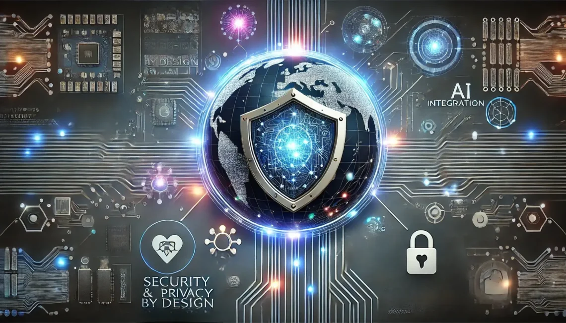 Illustration representing the principles of Security and Privacy by Design integrated into the software development lifecycle for innovative and secure product development.